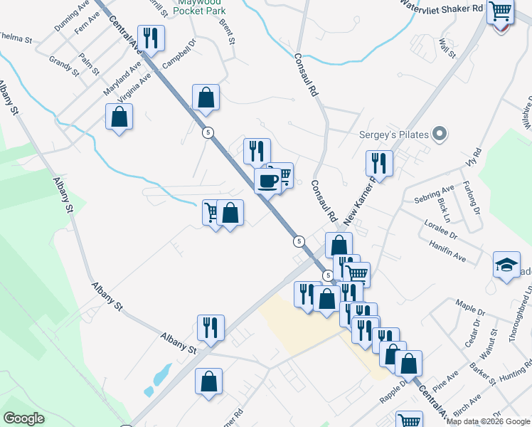 map of restaurants, bars, coffee shops, grocery stores, and more near 1901 Central Avenue in Albany