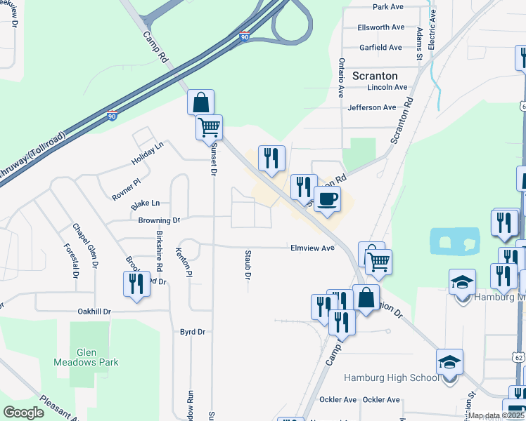 map of restaurants, bars, coffee shops, grocery stores, and more near 5566 Camp Road in Hamburg