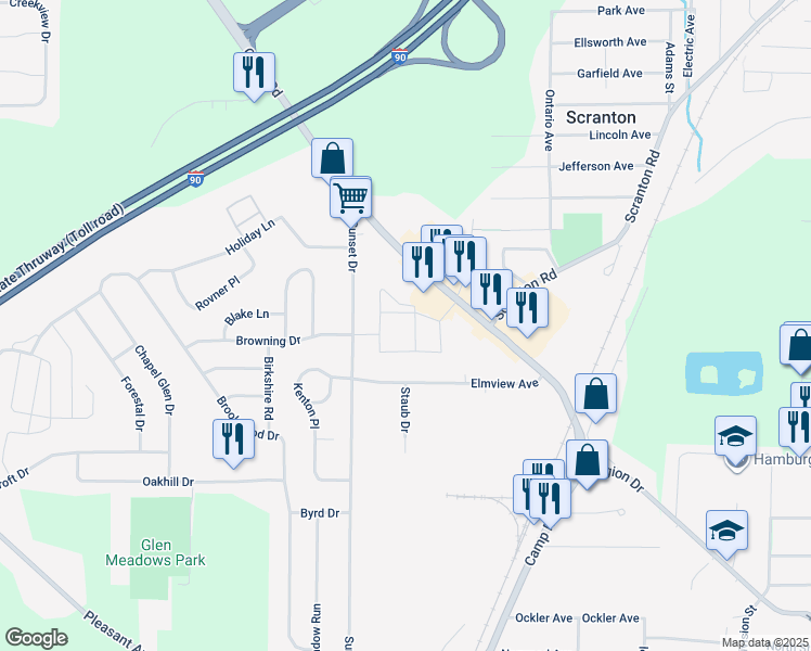 map of restaurants, bars, coffee shops, grocery stores, and more near 5566 Camp Road in Hamburg
