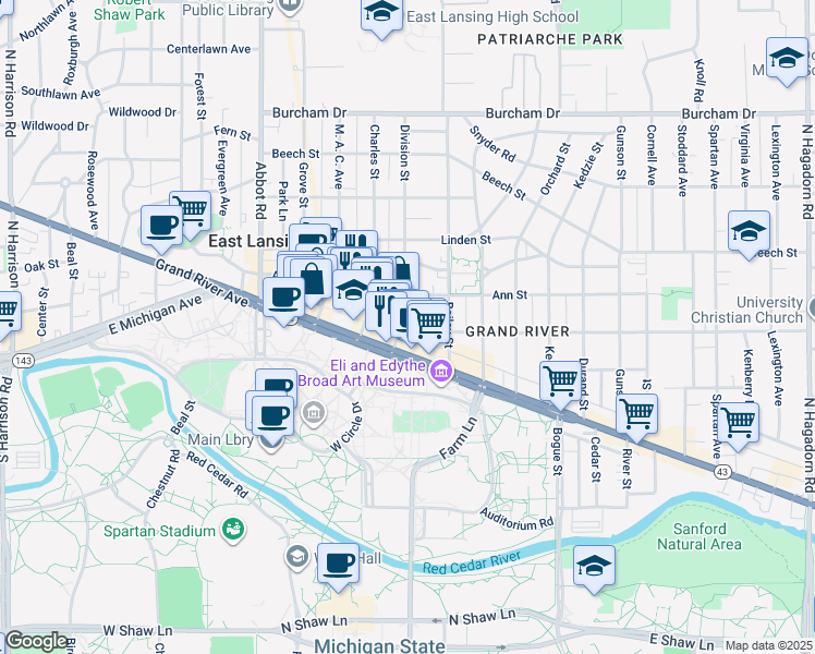 map of restaurants, bars, coffee shops, grocery stores, and more near 425 Albert Street in East Lansing