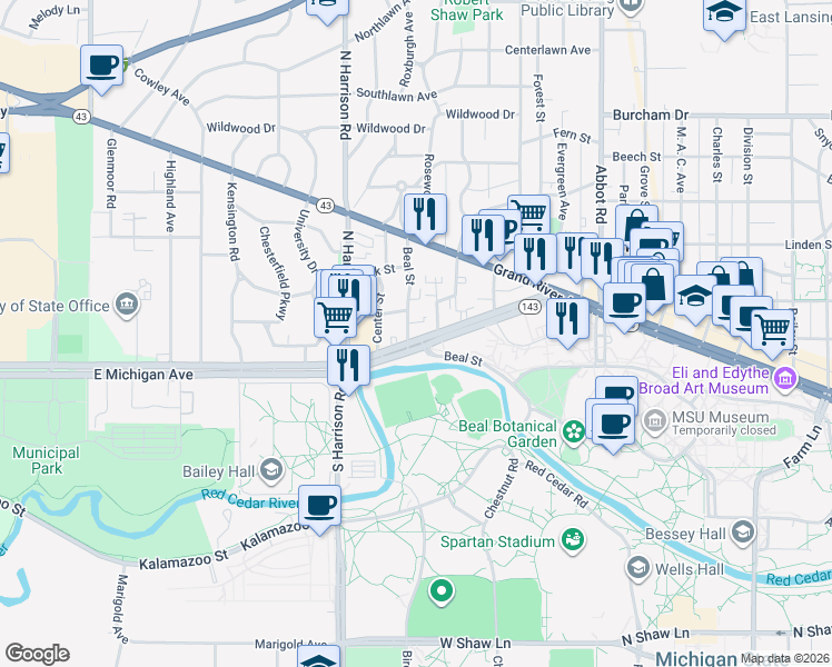 map of restaurants, bars, coffee shops, grocery stores, and more near 117 Louis Street in East Lansing