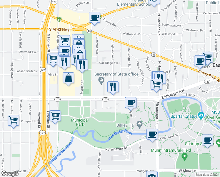 map of restaurants, bars, coffee shops, grocery stores, and more near 149 Highland Avenue in East Lansing