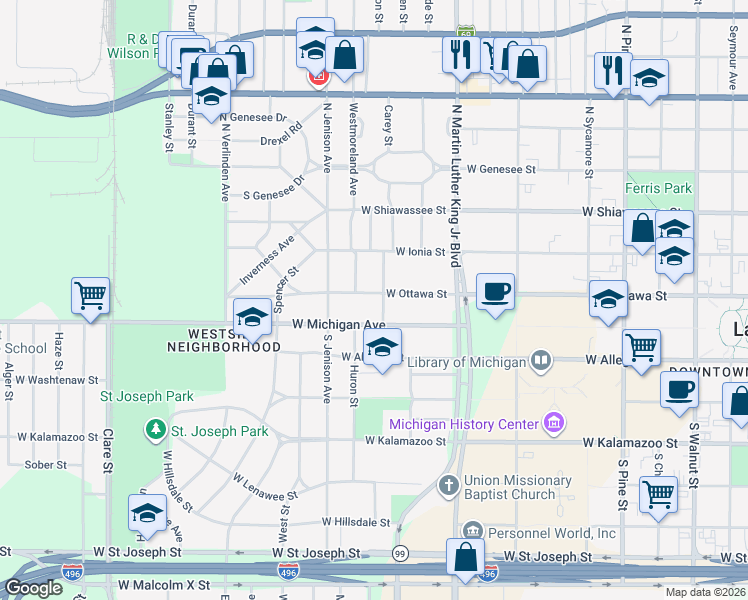 map of restaurants, bars, coffee shops, grocery stores, and more near 206 Westmoreland Avenue in Lansing