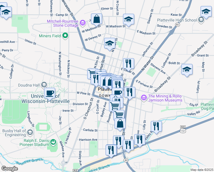 map of restaurants, bars, coffee shops, grocery stores, and more near 75 North Bonson Street in Platteville