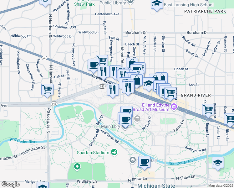 map of restaurants, bars, coffee shops, grocery stores, and more near 38 Abbot Road in East Lansing