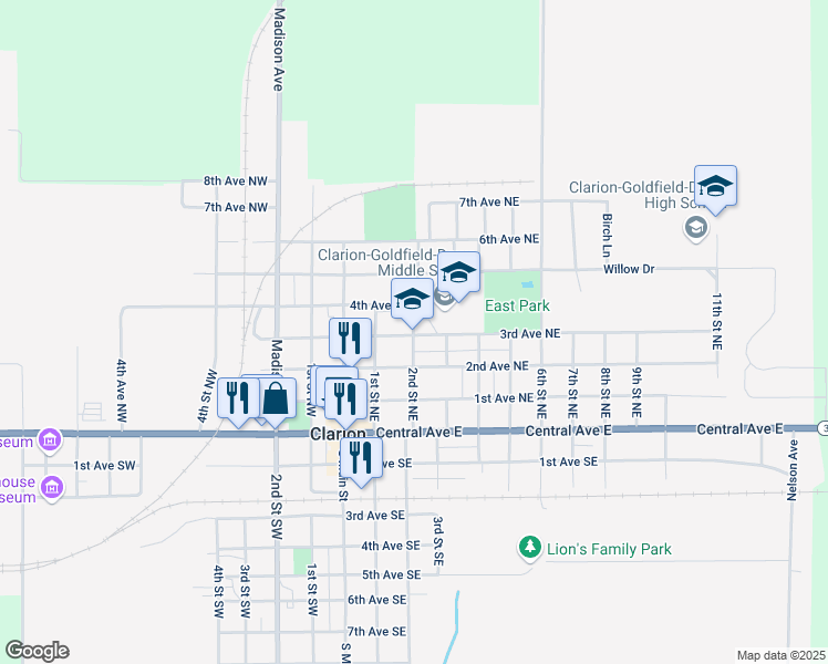 map of restaurants, bars, coffee shops, grocery stores, and more near 301 3rd Avenue Northeast in Clarion