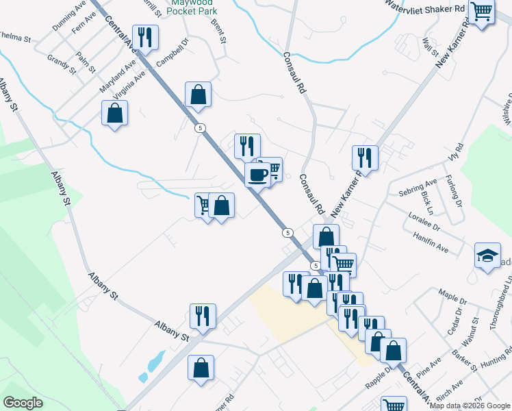 map of restaurants, bars, coffee shops, grocery stores, and more near 1900 Central Avenue in Albany
