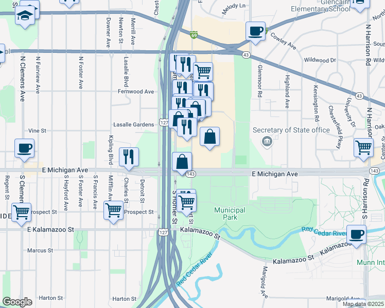 map of restaurants, bars, coffee shops, grocery stores, and more near 3131 East Michigan Avenue in Lansing