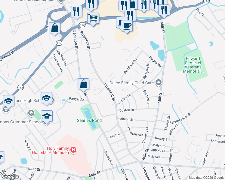 map of restaurants, bars, coffee shops, grocery stores, and more near 595 Prospect Street in Methuen