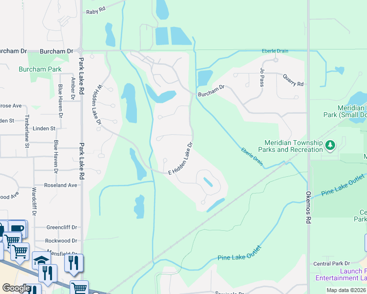 map of restaurants, bars, coffee shops, grocery stores, and more near 5303 East Hidden Lake Drive in East Lansing