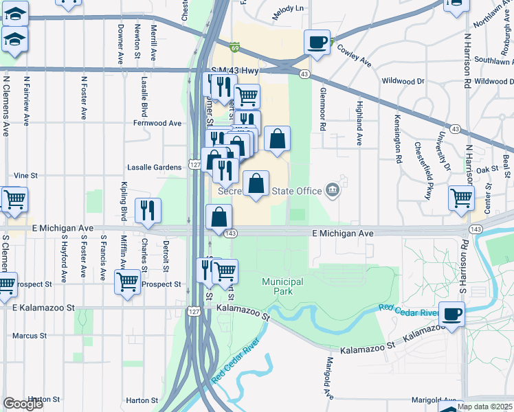map of restaurants, bars, coffee shops, grocery stores, and more near 3131 E Michigan Ave in Lansing