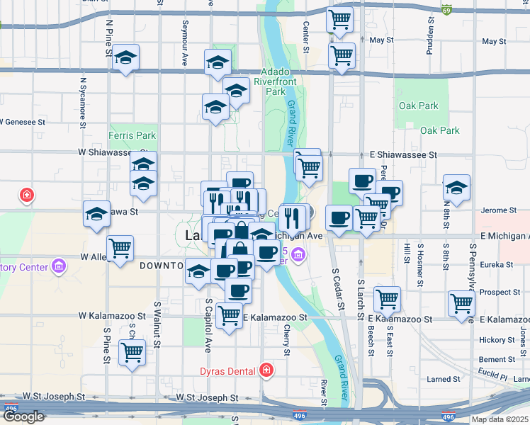 map of restaurants, bars, coffee shops, grocery stores, and more near 217 East Ottawa Street in Lansing