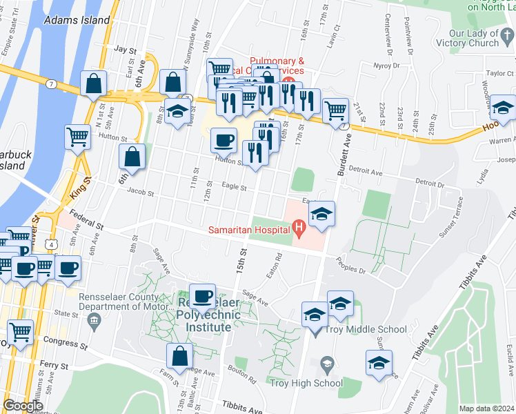 map of restaurants, bars, coffee shops, grocery stores, and more near 2219 16th Street in Troy