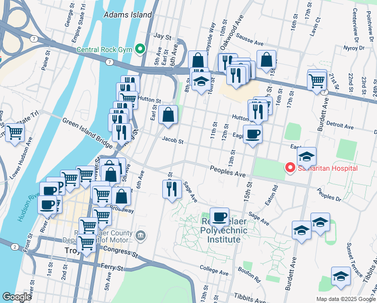 map of restaurants, bars, coffee shops, grocery stores, and more near 909 Jacob Street in Troy