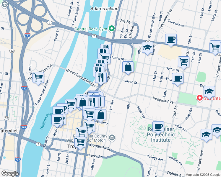 map of restaurants, bars, coffee shops, grocery stores, and more near 2154 5th Avenue in Troy