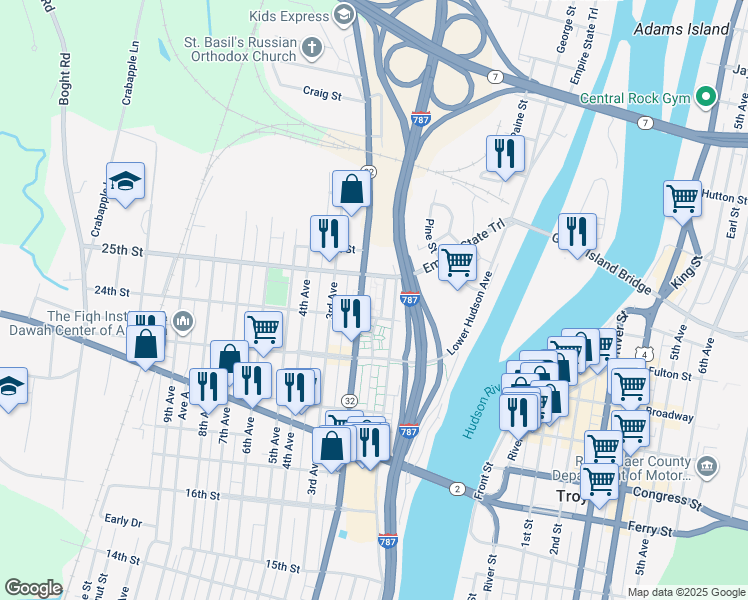 map of restaurants, bars, coffee shops, grocery stores, and more near 2457 2nd Avenue in Watervliet