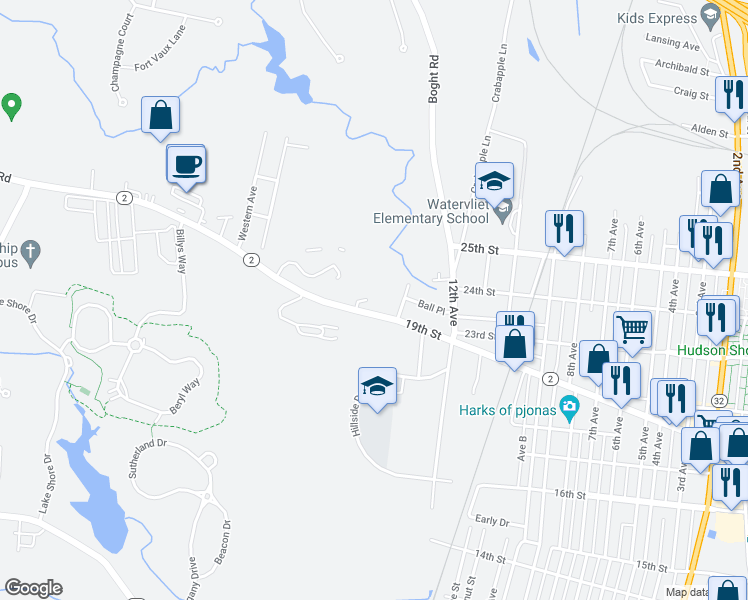 map of restaurants, bars, coffee shops, grocery stores, and more near 7 Fenimore Trace Apartments in Watervliet