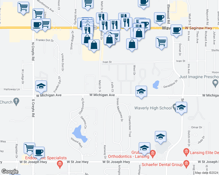 map of restaurants, bars, coffee shops, grocery stores, and more near 121 Falls Court in Lansing