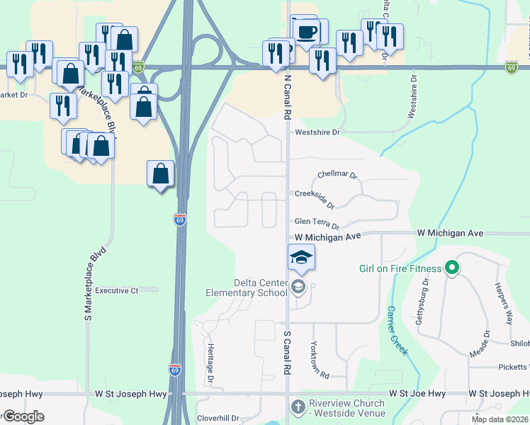 map of restaurants, bars, coffee shops, grocery stores, and more near Century Park Drive in Lansing