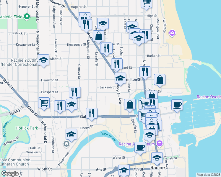 map of restaurants, bars, coffee shops, grocery stores, and more near 1124 Douglas Avenue in Racine