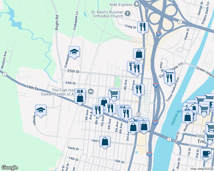 map of restaurants, bars, coffee shops, grocery stores, and more near 621 24th Street in Watervliet