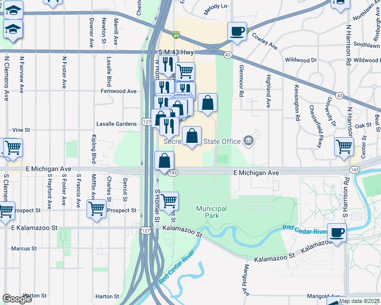 map of restaurants, bars, coffee shops, grocery stores, and more near 3131 East Michigan Avenue in Lansing