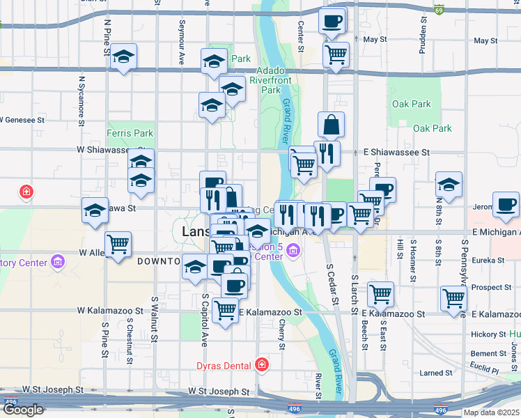 map of restaurants, bars, coffee shops, grocery stores, and more near 217 East Ottawa Street in Lansing