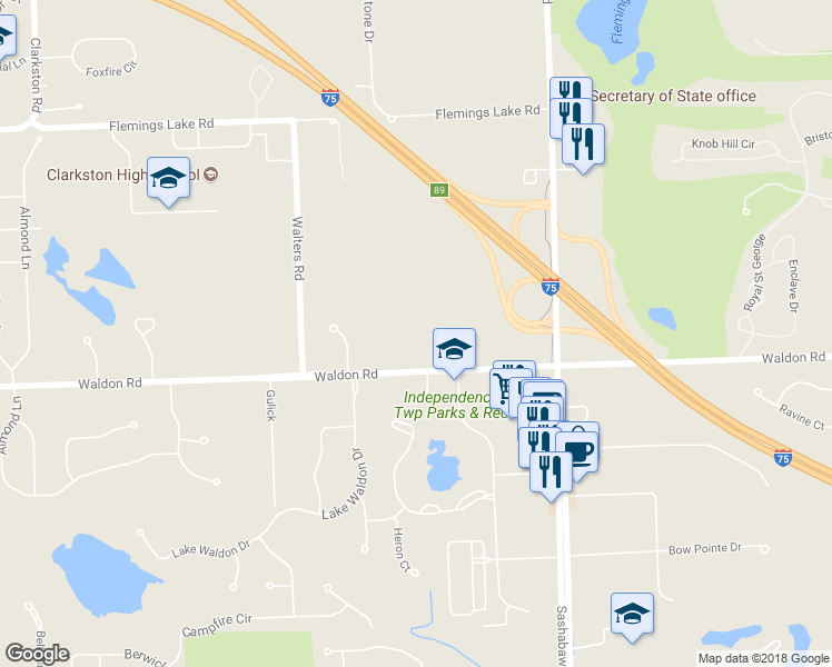 map of restaurants, bars, coffee shops, grocery stores, and more near 5860 Waldon Road in Clarkston