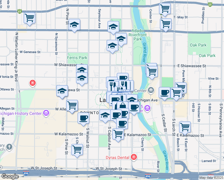 map of restaurants, bars, coffee shops, grocery stores, and more near 124 North Capitol Avenue in Lansing