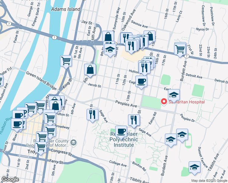 map of restaurants, bars, coffee shops, grocery stores, and more near 82 11th Street in Troy