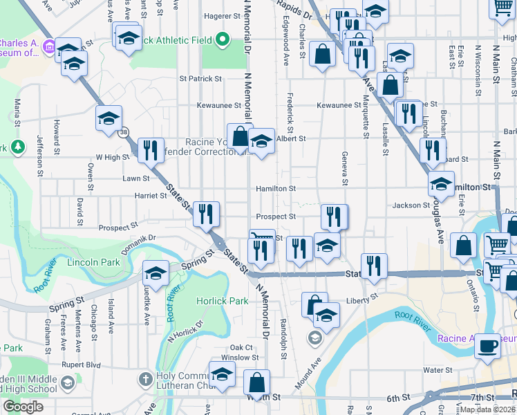 map of restaurants, bars, coffee shops, grocery stores, and more near 1121 Hartman Court in Racine