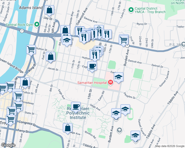 map of restaurants, bars, coffee shops, grocery stores, and more near 2214 14th Street in Troy