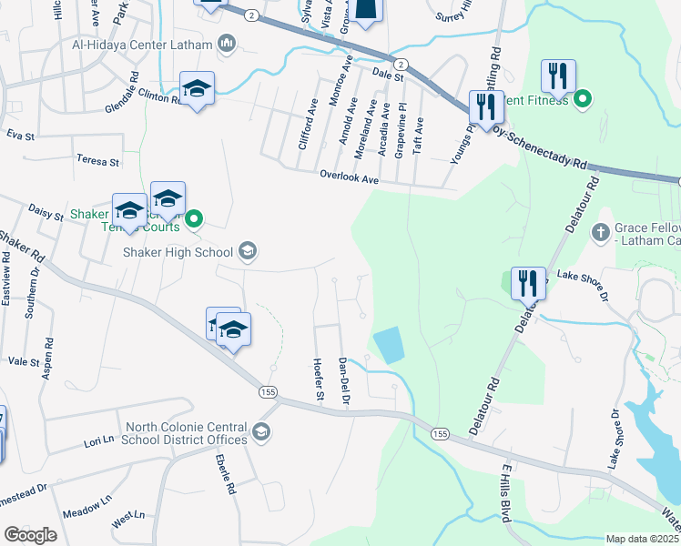 map of restaurants, bars, coffee shops, grocery stores, and more near 33 Dan-Del Drive in Latham