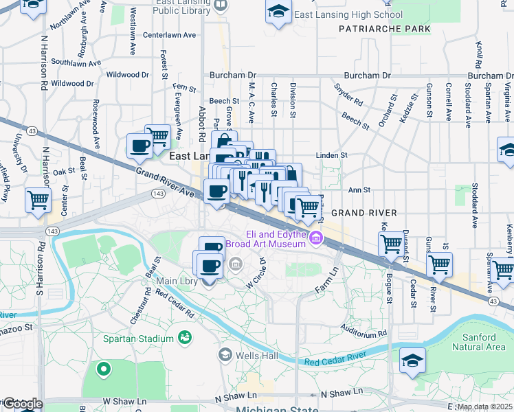 map of restaurants, bars, coffee shops, grocery stores, and more near 360 Albert Street in East Lansing