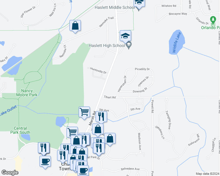 map of restaurants, bars, coffee shops, grocery stores, and more near 5250 Marsh Road in Meridian charter Township