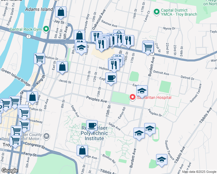 map of restaurants, bars, coffee shops, grocery stores, and more near 2214 14th Street in Troy