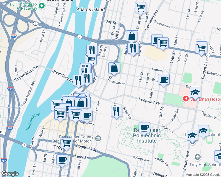 map of restaurants, bars, coffee shops, grocery stores, and more near 2175 6th Avenue in Troy