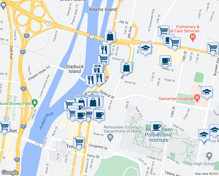 map of restaurants, bars, coffee shops, grocery stores, and more near 2154 5th Avenue in Troy