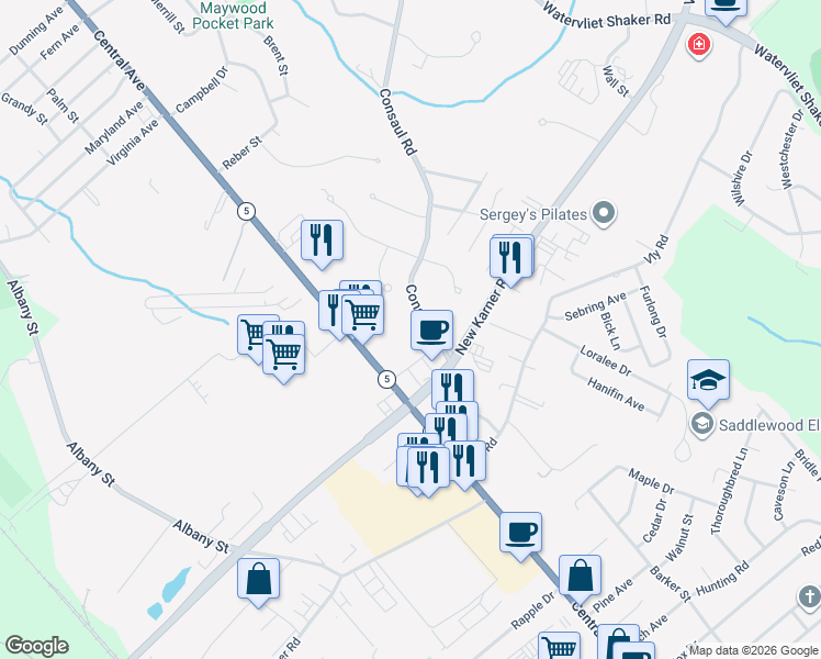 map of restaurants, bars, coffee shops, grocery stores, and more near 46 Consaul Road in Albany