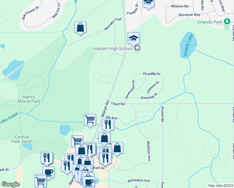 map of restaurants, bars, coffee shops, grocery stores, and more near 5250 Marsh Road in Meridian charter Township