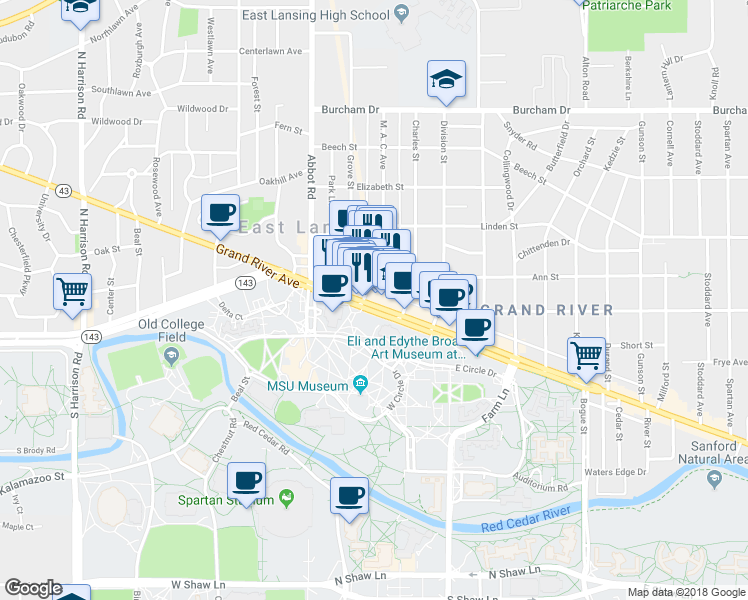 map of restaurants, bars, coffee shops, grocery stores, and more near 207 M. A. C. Avenue in East Lansing