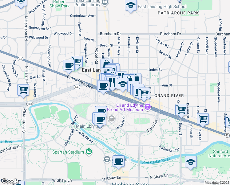 map of restaurants, bars, coffee shops, grocery stores, and more near 207 M. A. C. Avenue in East Lansing