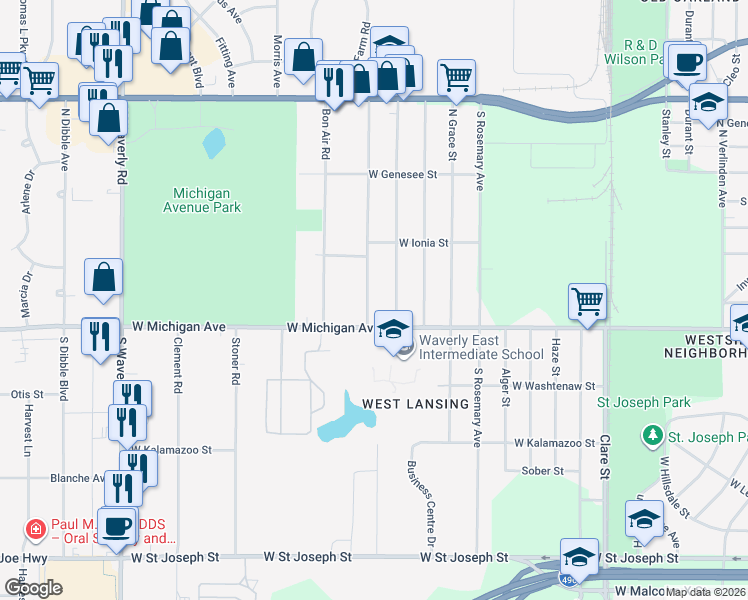 map of restaurants, bars, coffee shops, grocery stores, and more near 202 North Deerfield Avenue in Lansing