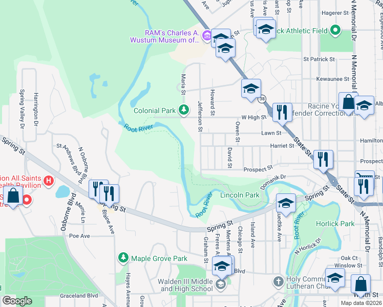 map of restaurants, bars, coffee shops, grocery stores, and more near Root River Pathway in Racine