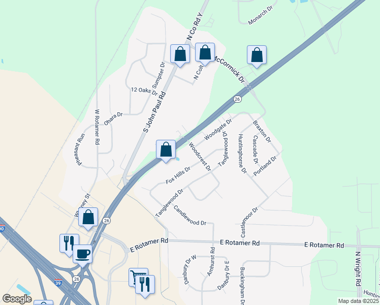 map of restaurants, bars, coffee shops, grocery stores, and more near 4327 Woodcrest Drive in Janesville