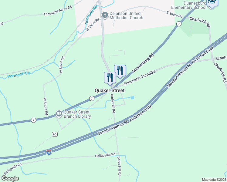 map of restaurants, bars, coffee shops, grocery stores, and more near in Quaker Street