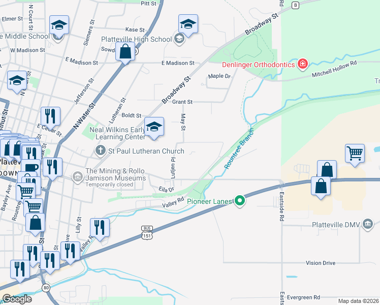 map of restaurants, bars, coffee shops, grocery stores, and more near 955 Jackson Street in Platteville