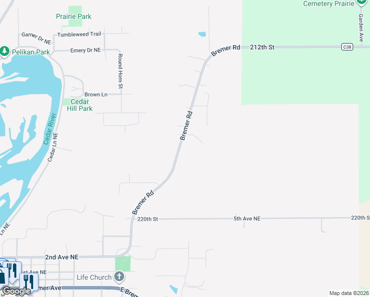 map of restaurants, bars, coffee shops, grocery stores, and more near 1008 Bremer Road in Waverly