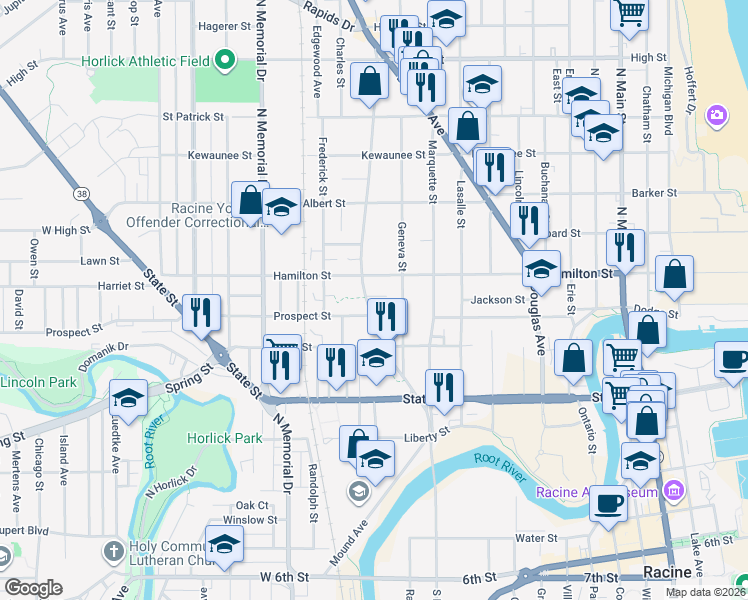 map of restaurants, bars, coffee shops, grocery stores, and more near 1216 Reeds Court in Racine