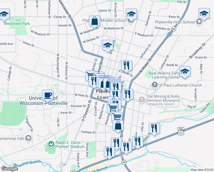map of restaurants, bars, coffee shops, grocery stores, and more near 75 North Bonson Street in Platteville